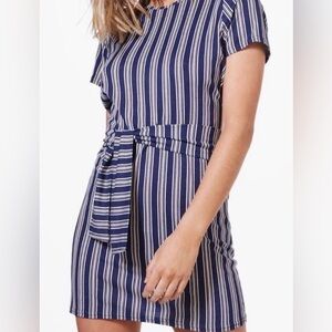 Boohoo Navy and White Striped Tie-Waist Short Sleeve Dress